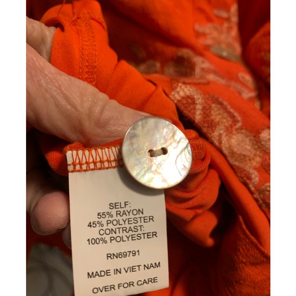 FIG and FLOWER ORANGE EMBROIDERED TUNIC HI-LO 3/4 SLEEVE BOHO BUTTON UP XL - Picture 4 of 6